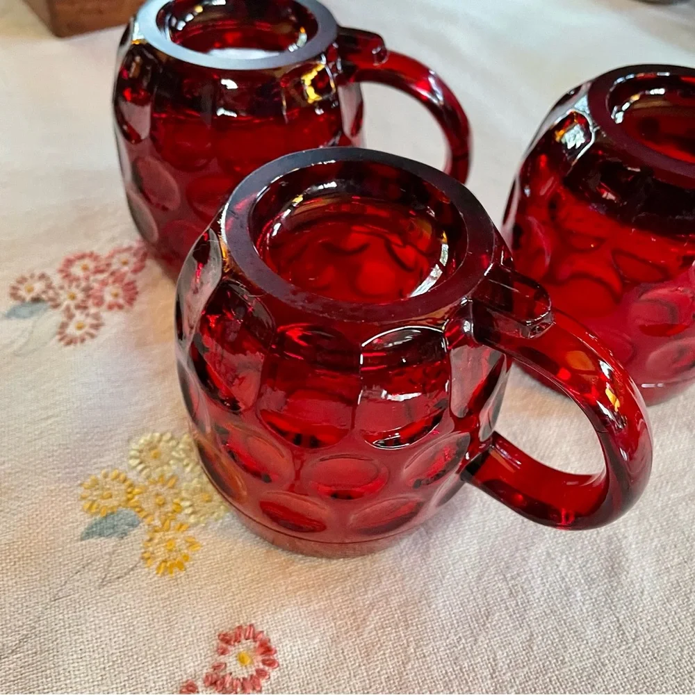 Vintage Ruby Red Mid-century Modern Glass Thumbprint Mugs. Set of 3. 8oz.